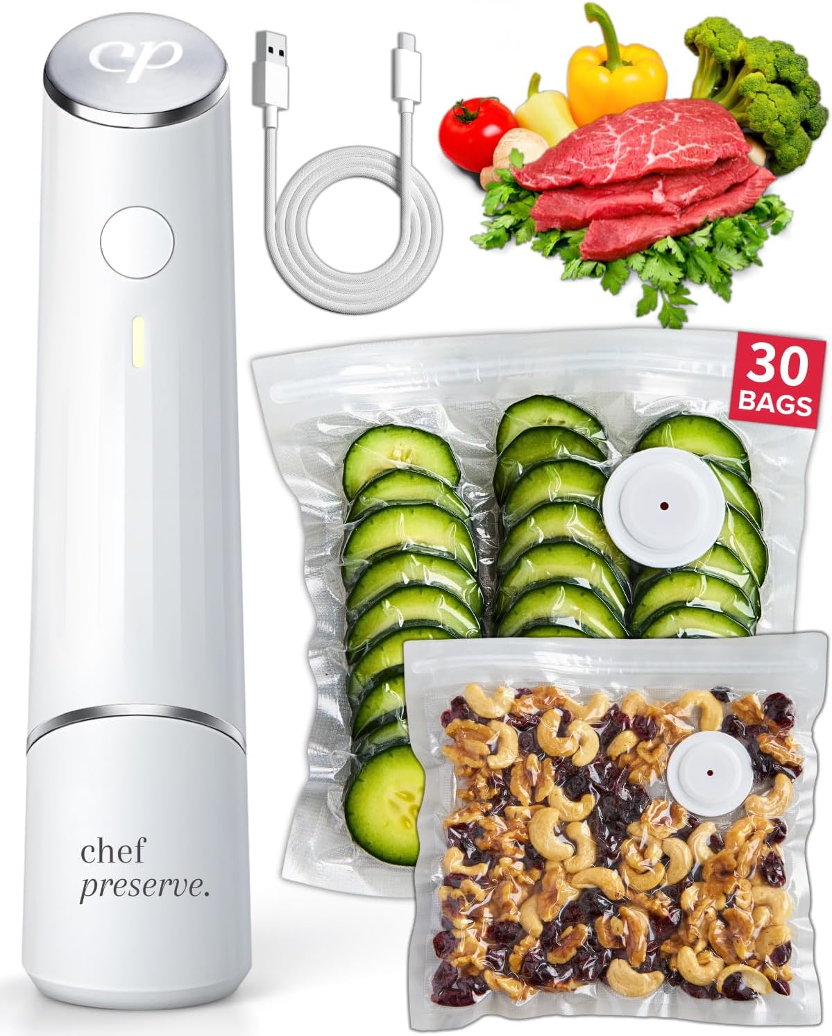 Compact Vacuum Sealer for Food +30 Reusable Bags for Vacuum